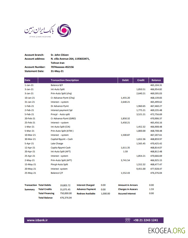 Modèle de relevé de la banque Iran Zamin au format Excel et PDF